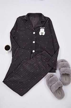 Kadın Moda Gömlek Yaka Boru Paça Uzun Kol Puantiyeli Hayvan Baskılı Polar Kışlık Örme Pijama Takımı