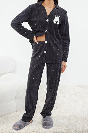 Kadın Moda Gömlek Yaka Boru Paça Uzun Kol Puantiyeli Hayvan Baskılı Polar Kışlık Örme Pijama Takımı