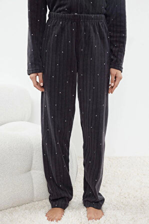 Kadın Moda Gömlek Yaka Boru Paça Uzun Kol Puantiyeli Hayvan Baskılı Polar Kışlık Örme Pijama Takımı