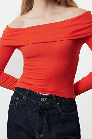 Kadın Moda Şık Üst Giyim Crop Carmen Yaka Slim Kalıp Örme Kısa Esnek Bluz