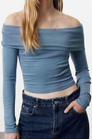 Kadın Moda Şık Üst Giyim Crop Carmen Yaka Slim Kalıp Örme Kısa Esnek Bluz