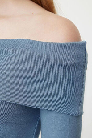 Kadın Moda Şık Üst Giyim Crop Carmen Yaka Slim Kalıp Örme Kısa Esnek Bluz