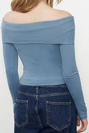 Kadın Moda Şık Üst Giyim Crop Carmen Yaka Slim Kalıp Örme Kısa Esnek Bluz