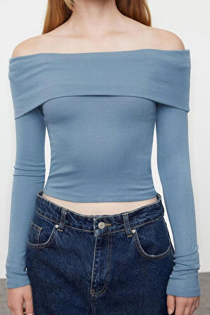 Kadın Moda Şık Üst Giyim Crop Carmen Yaka Slim Kalıp Örme Kısa Esnek Bluz