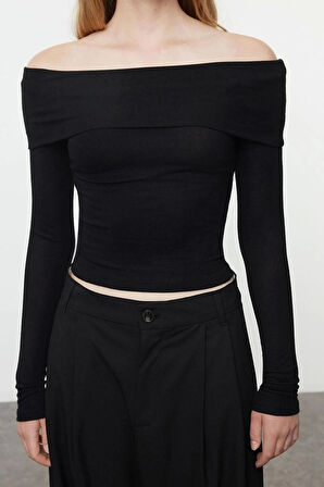 Kadın Moda Şık Üst Giyim Crop Carmen Yaka Slim Kalıp Örme Kısa Esnek Bluz