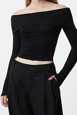 Kadın Moda Şık Üst Giyim Crop Carmen Yaka Slim Kalıp Örme Kısa Esnek Bluz