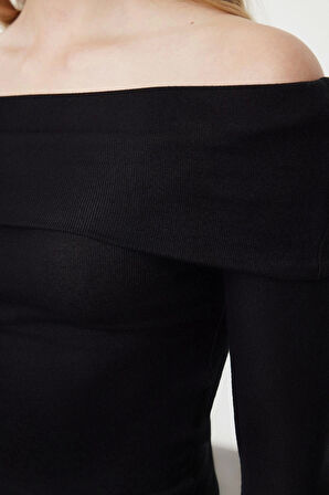 Kadın Moda Şık Üst Giyim Crop Carmen Yaka Slim Kalıp Örme Kısa Esnek Bluz