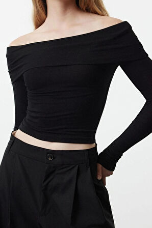 Kadın Moda Şık Üst Giyim Crop Carmen Yaka Slim Kalıp Örme Kısa Esnek Bluz