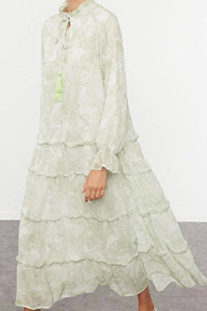 Kadın Moda Şık Tesettür Maxi Boy Hakim Yaka Regular Dokuma Şifon Çiçek Desenli Elbise