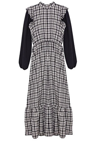 Kadın Moda Şık Tesettür Uzun Dik Yaka Regular Kolları Poplin Detaylı Dokuma Tüvit Elbise
