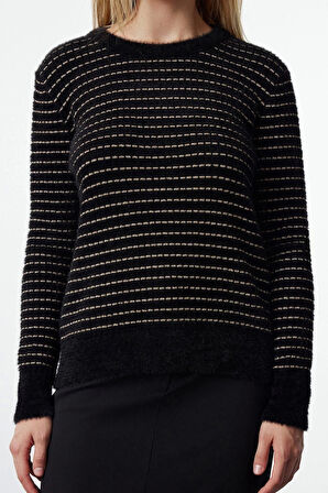 Kadın Moda Şık Bisiklet Yaka Standart Kol Regular Tüylü İplik Çizgili Triko Kazak