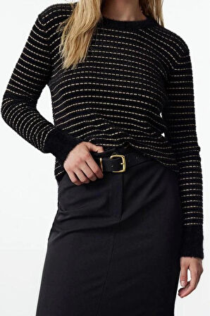 Kadın Moda Şık Bisiklet Yaka Standart Kol Regular Tüylü İplik Çizgili Triko Kazak