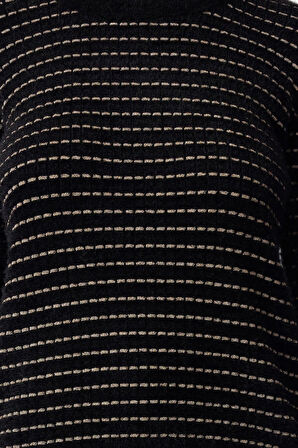 Kadın Moda Şık Bisiklet Yaka Standart Kol Regular Tüylü İplik Çizgili Triko Kazak