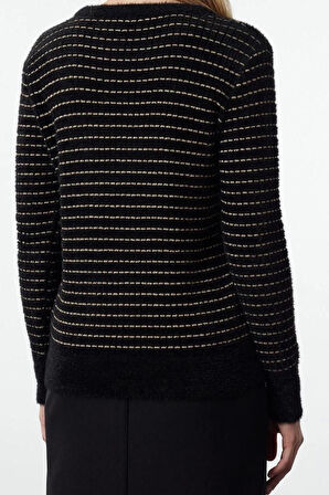 Kadın Moda Şık Bisiklet Yaka Standart Kol Regular Tüylü İplik Çizgili Triko Kazak