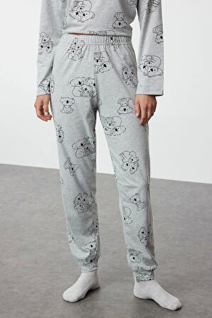 Kadın Pamuklu Bisiklet Yaka Uzun Kol Pamuklu Hayvan Desenli Örme Pijama Takımı