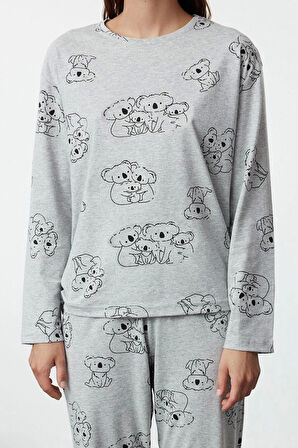 Kadın Pamuklu Bisiklet Yaka Uzun Kol Pamuklu Hayvan Desenli Örme Pijama Takımı