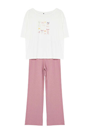 Kadın Polyester Bisiklet Yaka Kısa Kol Kurdele Baskılı Üst Süprem Alt Kaşkorse Örme Pijama Takımı
