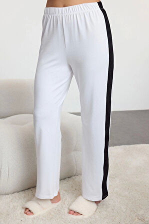 Kadın Moda Şık Klasik Yaka Geniş Paça Uzun Kol Pamuklu Şeritli Örme Pijama Takımı