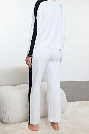 Kadın Moda Şık Klasik Yaka Geniş Paça Uzun Kol Pamuklu Şeritli Örme Pijama Takımı