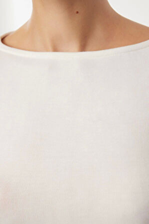 Kadın Moda Şık Üst Giyim Regular Kayık Yaka Slim Kalıp Örme Vücuda Oturan Boy Bluz