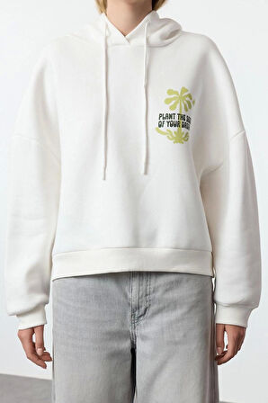 Kadın Moda Relaxed Kapüşonlu Düşük Kol Regular Slogan ve Sırt Baskılı Rahat Kalıp Örme Sweatshirt