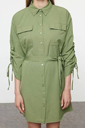 Kadın Moda Şık Mini Boy Gömlek Yaka Regular Cep ve Büzgü Detaylı Dokuma Gömlek Elbise