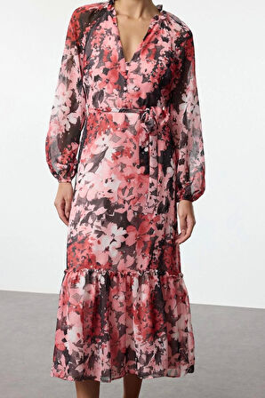 Kadın Moda Şık Midi Boy V Yaka Regular Kuşaklı Çiçekli Eteği Volanlı Astarlı Dokuma Elbise