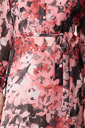 Kadın Moda Şık Midi Boy V Yaka Regular Kuşaklı Çiçekli Eteği Volanlı Astarlı Dokuma Elbise