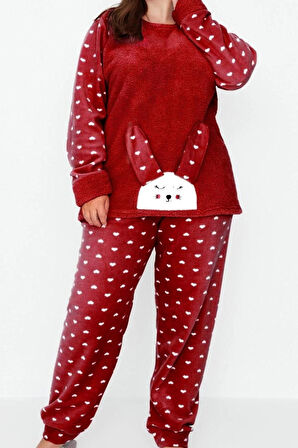 Kadın Moda Şık Büyük Beden Bisiklet Yaka Dar Paça Uzun Kol Kalpli Polar Örme Pijama Takımı