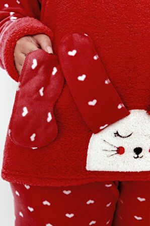 Kadın Moda Şık Büyük Beden Bisiklet Yaka Dar Paça Uzun Kol Kalpli Polar Örme Pijama Takımı