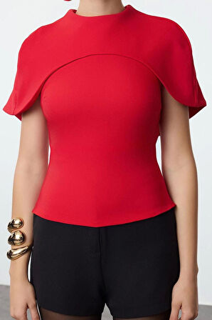 Kadın Moda Şık Üst Giyim Uzun Bisiklet Yaka Fitted Kalıp Dokuma Yaka Detaylı Bluz