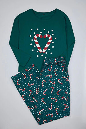 Kadın Moda Şık Büyük Beden Bisiklet Yaka Geniş Paça Uzun Kol Yılbaşı Temalı Örme Pijama Takımı