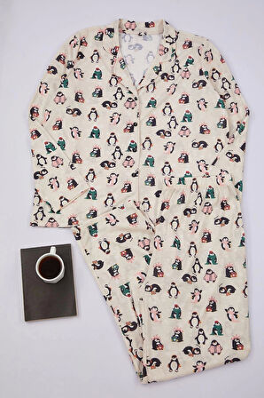 Kadın Moda Şık Büyük Beden Gömlek Yaka Boru Paça Uzun Kol Yılbaşı Temalı Örme Pijama Takımı