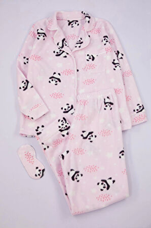 Kadın Moda Şık Büyük Beden Gömlek Yaka Dar Paça Uzun Kol Panda Desenli Örme Pijama Takımı