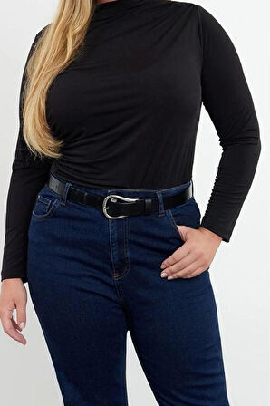 Kadın Moda Şık Büyük Beden Regular Dik Yaka Fitted Kalıp Örme Büzgü Detaylı Bluz