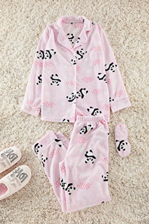 Kadın Moda Ceket Yaka Boru Paça Uzun Kol Panda Desenli Uyku Bantlı Polar Kışlık Örme Pijama Takımı