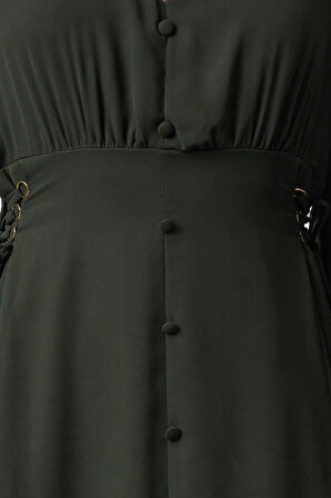 Kadın Moda Şık Mini Boy V Yaka Regular Kuşgözü Detaylı Düğmeli Astarlı Şifon Dokuma Elbise