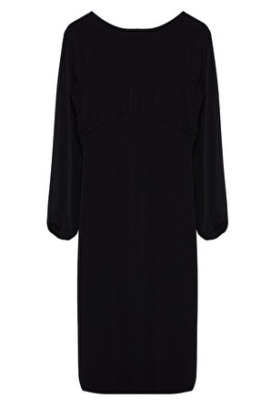 Kadın Moda Şık Midi Boy Bisiklet Yaka Regular Belden Açılan Balon Kol Detaylı Dokuma Elbise