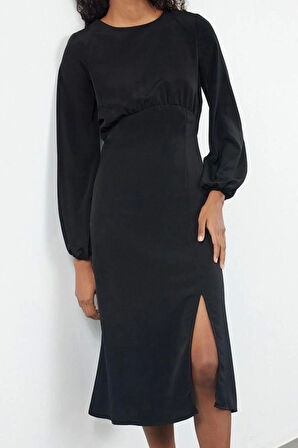 Kadın Moda Şık Midi Boy Bisiklet Yaka Regular Belden Açılan Balon Kol Detaylı Dokuma Elbise