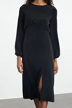 Kadın Moda Şık Midi Boy Bisiklet Yaka Regular Belden Açılan Balon Kol Detaylı Dokuma Elbise