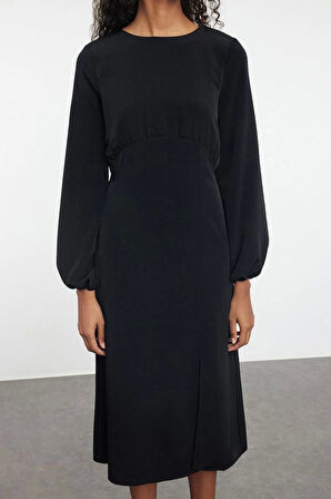 Kadın Moda Şık Midi Boy Bisiklet Yaka Regular Belden Açılan Balon Kol Detaylı Dokuma Elbise