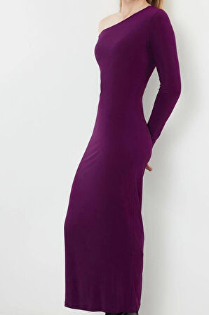 Kadın Moda Şık Maxi Boy Asimetrik Yaka Fitted Düz Detaylı Vücuda Oturan Esnek Örme Elbise