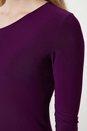 Kadın Moda Şık Maxi Boy Asimetrik Yaka Fitted Düz Detaylı Vücuda Oturan Esnek Örme Elbise