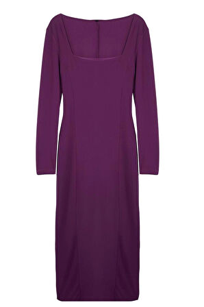 Kadın Moda Şık Midi Boy Kare Yaka Fitted Düz Bodycone Vücuda Oturan Esnek Örme Elbise