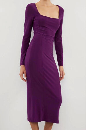 Kadın Moda Şık Midi Boy Kare Yaka Fitted Düz Bodycone Vücuda Oturan Esnek Örme Elbise