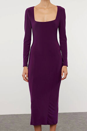 Kadın Moda Şık Midi Boy Kare Yaka Fitted Düz Bodycone Vücuda Oturan Esnek Örme Elbise