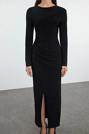 Kadın Moda Şık Maxi Boy Bisiklet Yaka Slim Düz Vücuda Oturan Drapeli Anvelop Esnek Örme Elbise