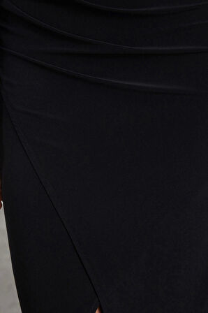 Kadın Moda Şık Maxi Boy Bisiklet Yaka Slim Düz Vücuda Oturan Drapeli Anvelop Esnek Örme Elbise