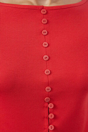 Kadın Moda Şık Regular Bisiklet Yaka Fitted Kalıp Örme Düğme Detaylı Fitilli Esnek Boy Bluz