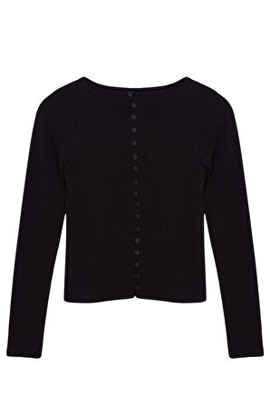 Kadın Moda Şık Regular Bisiklet Yaka Fitted Kalıp Örme Düğme Detaylı Fitilli Esnek Boy Bluz